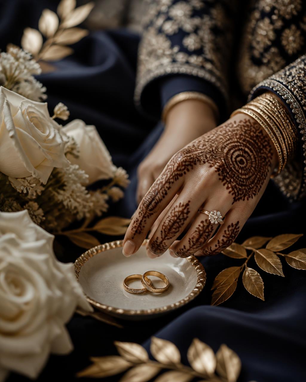 Bride and groom's hands with henna and gold jewellery