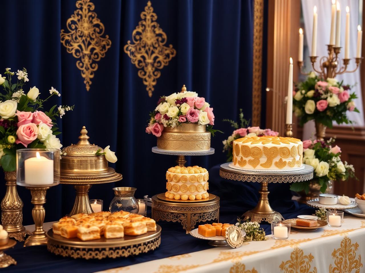Gold and navy dessert table with baklava and cake