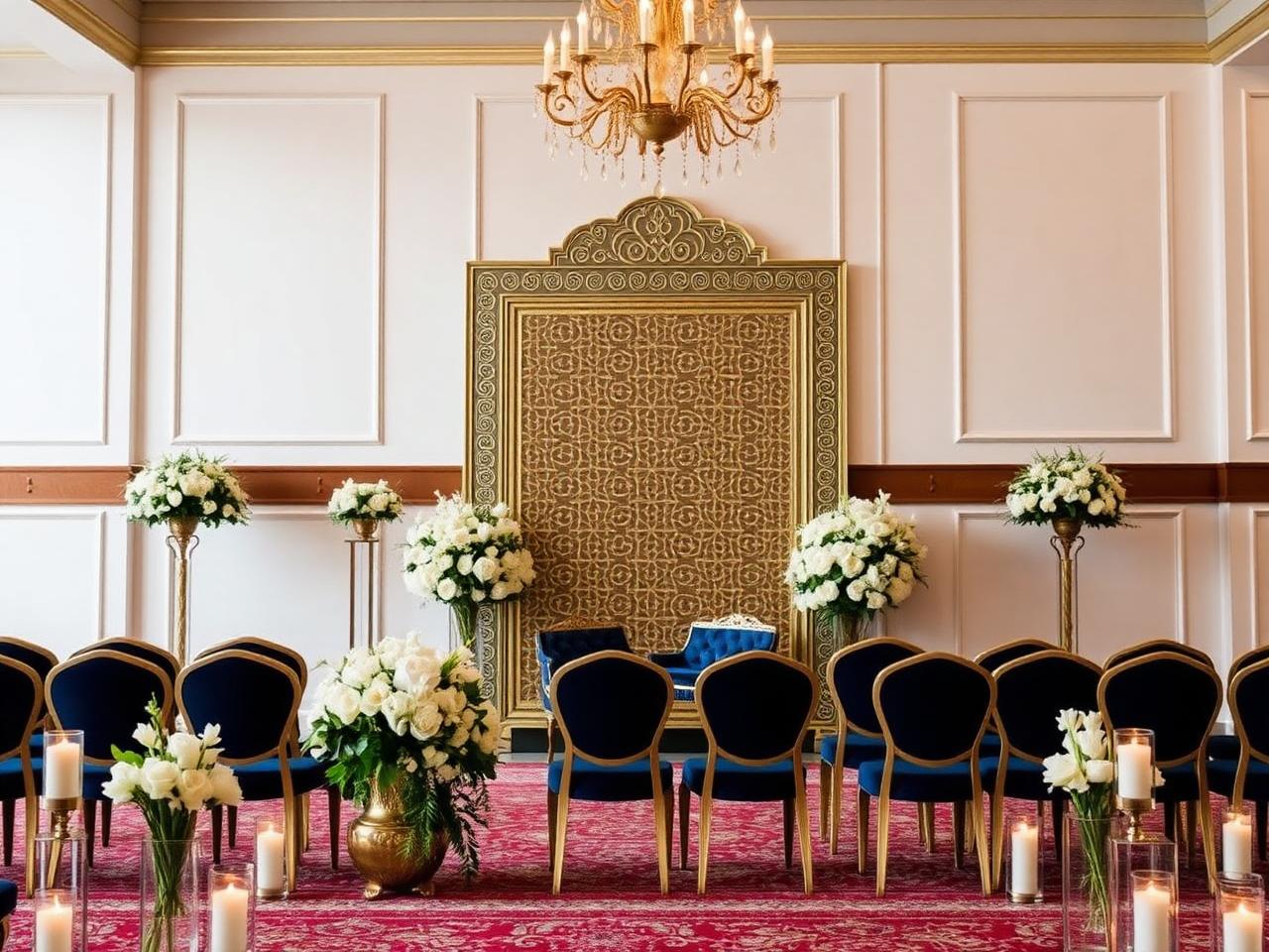 Elegant nikah ceremony setup with gold backdrop