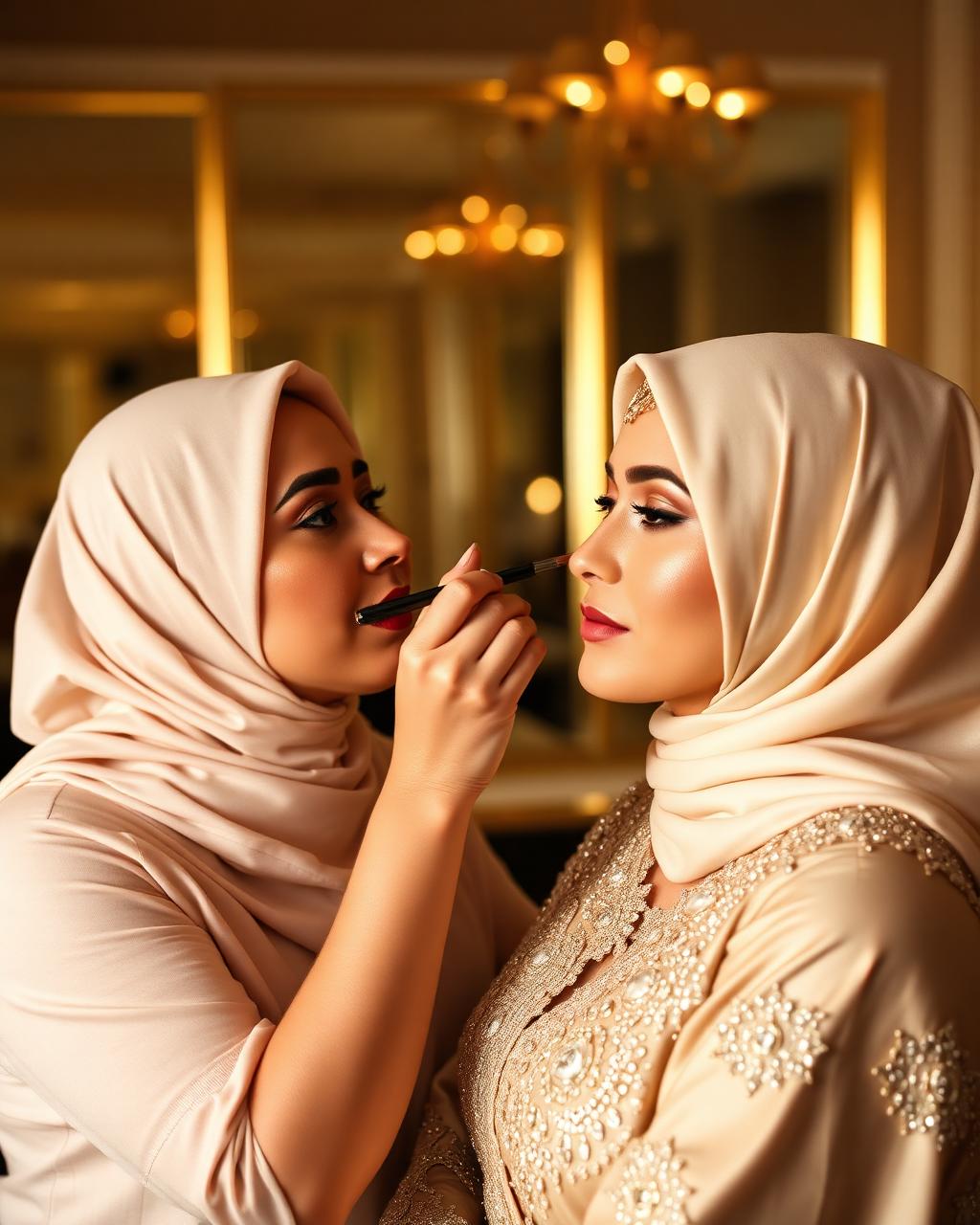 Makeup artist preparing a hijabi bride